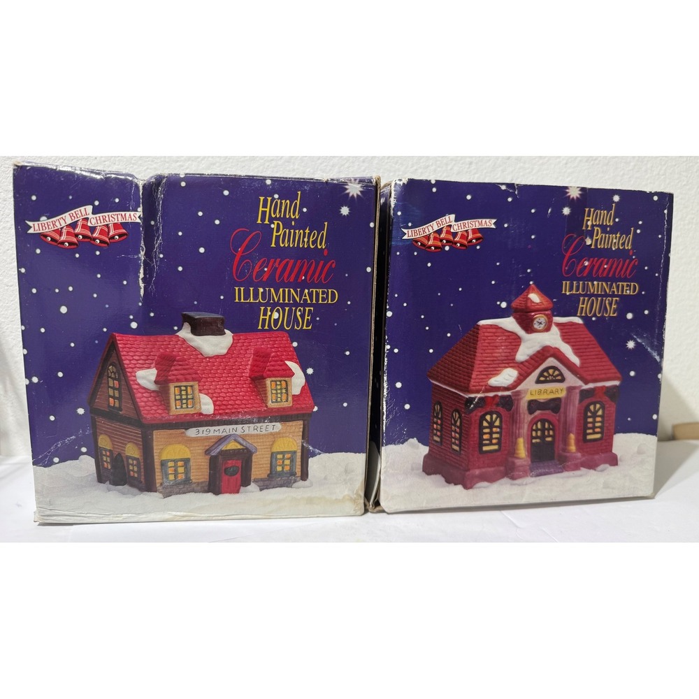 Liberty Bell Christmas Hand Painted Ceramic Illuminated House Library Set of 2